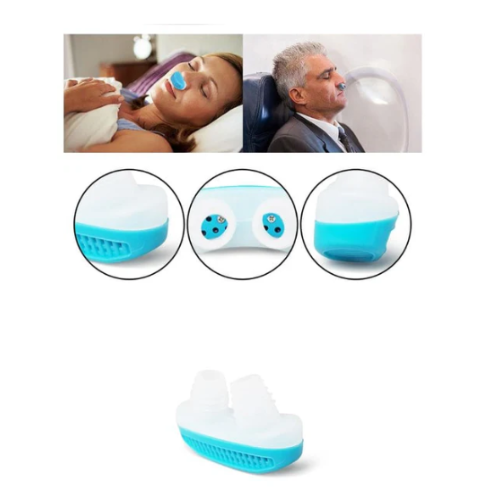 Dispositivo dilatador nasal antirronquidos blanco y azul de silicona con ventilación y filtros, usado por personas al dormir y viajar.