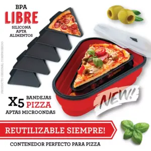 Contenedor triangular rojo con cinco bandejas negras individuales para porciones de pizza, tapa transparente y diseño reutilizable apto para microondas.