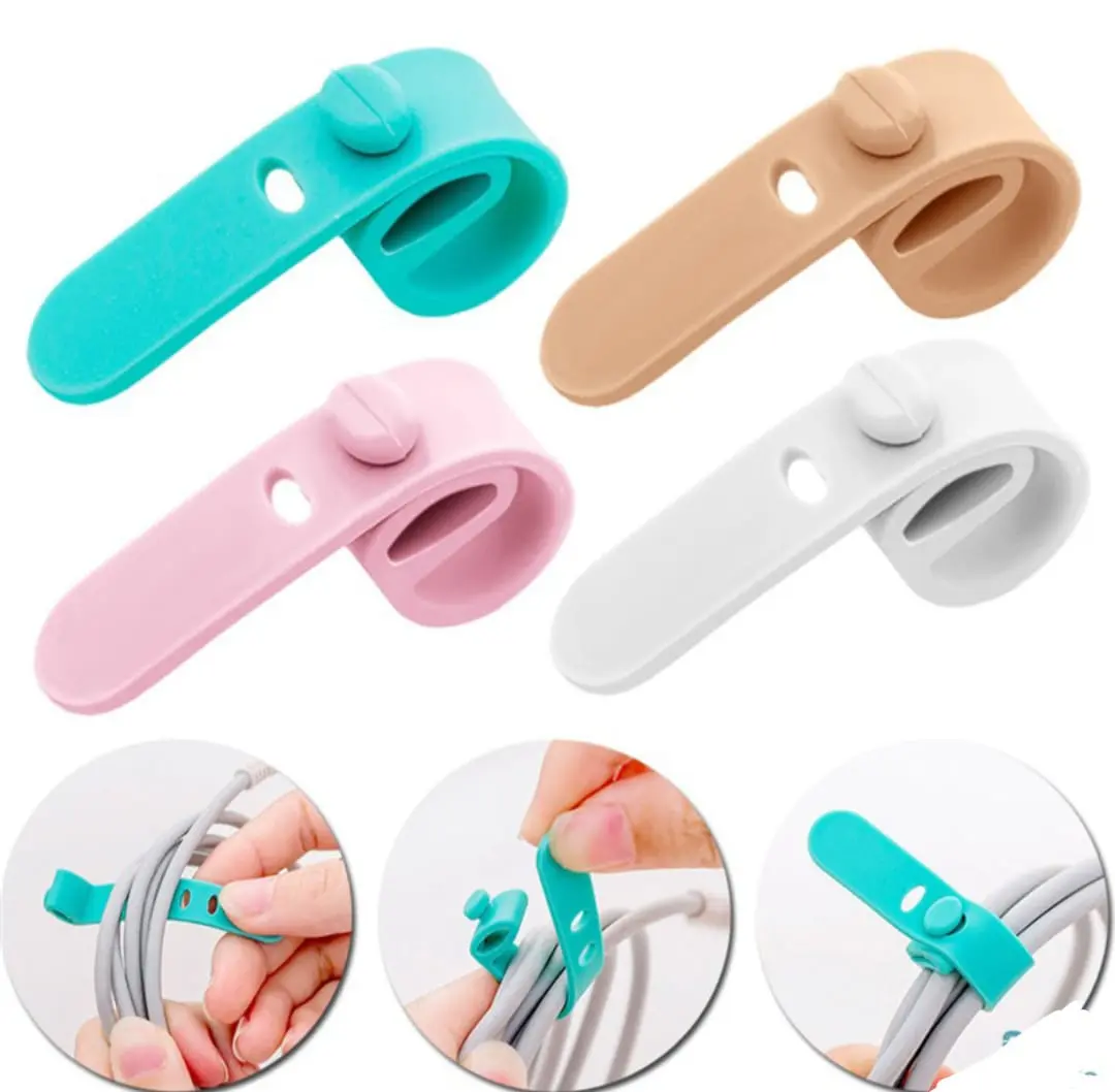Organizadores de cables de silicona en colores turquesa, beige, rosa y blanco, con ejemplos de uso para sujetar cables de forma ordenada.
