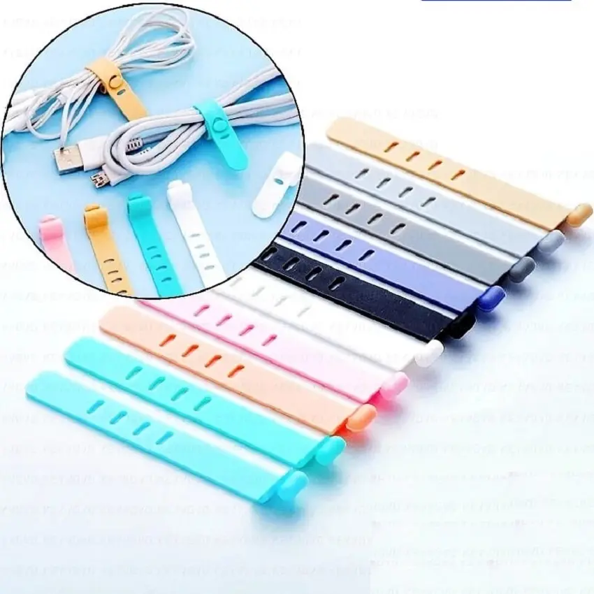 Set de doce organizadores de cables en silicona flexible de varios colores con ranuras de ajuste para ordenar y evitar enredos.