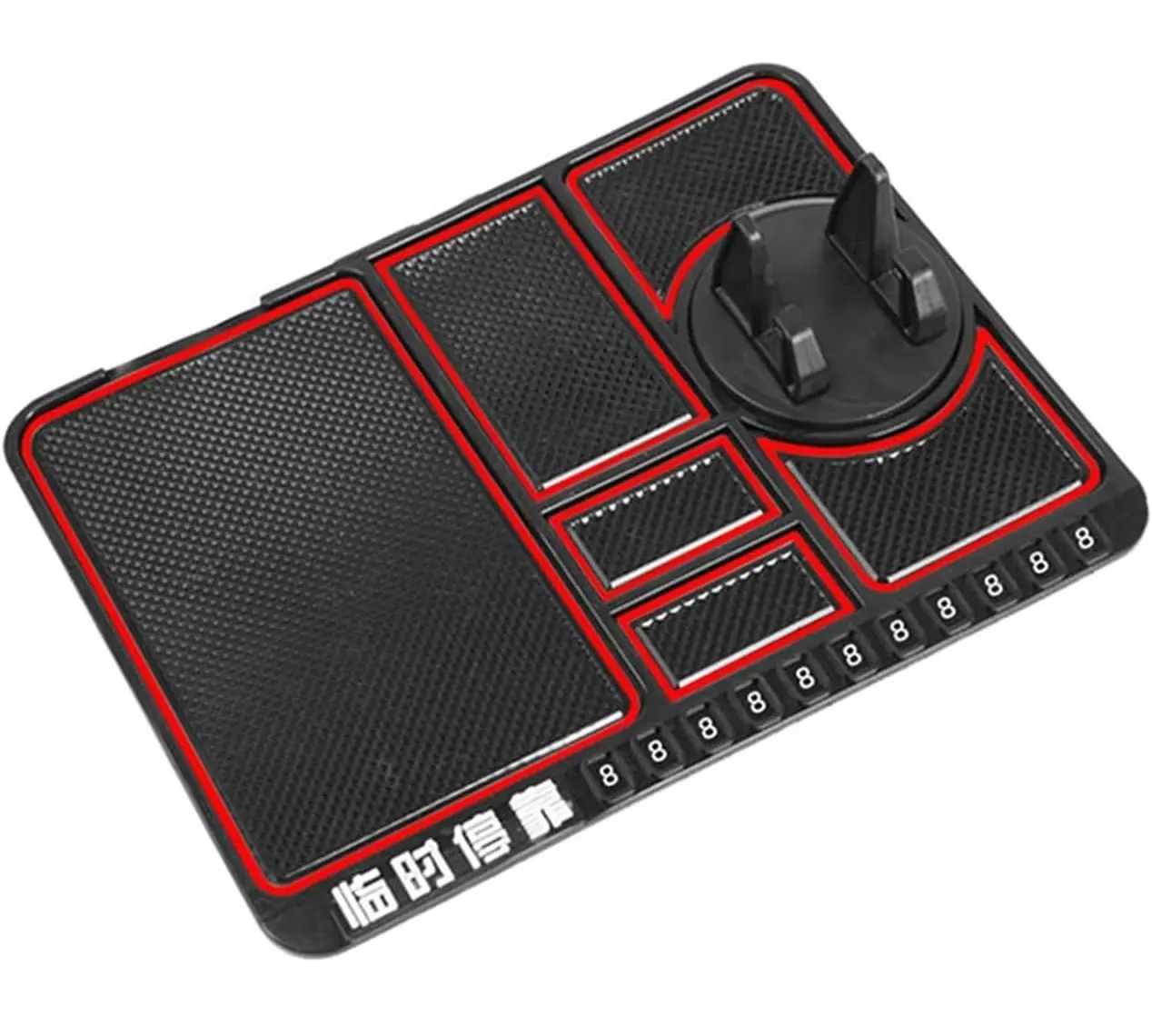 Almohadilla antideslizante negra con borde rojo para salpicadero de coche, con soporte giratorio para móvil y espacio para número telefónico.