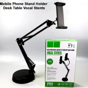 Soporte de mesa negro articulado en metal con base circular pesada, brazo extensible de doble varilla y pinza ajustable para teléfono o tablet.