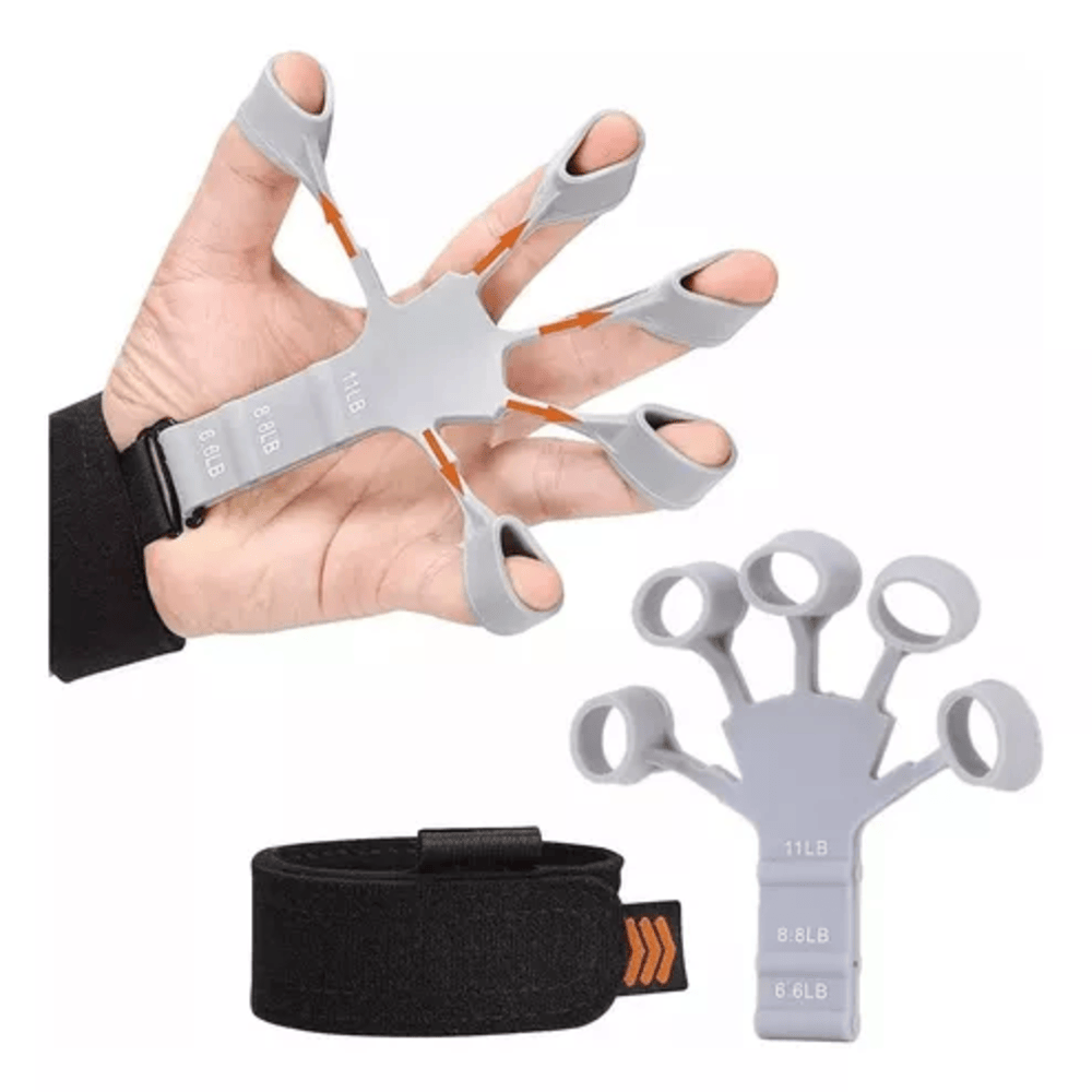 Ejercitador de silicona gris para dedos y mano con banda de ajuste, incluye niveles de resistencia de 6.6lb, 8.8lb y 11lb para terapia y fortalecimiento.