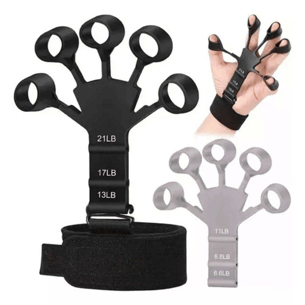 Ejercitador de dedos y mano con resistencia variable de 6.6 a 21 libras. Incluye dos piezas de silicona negra y gris con correa ajustable y uso práctico.