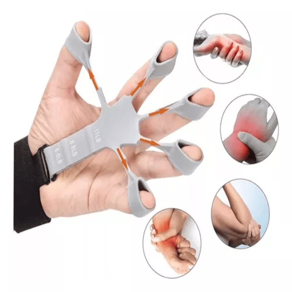 Ejercitador de mano gris con bandas de silicona para dedos, muestra niveles de resistencia de 6.6, 8.8 y 11 libras junto a recuadros de uso terapéutico.