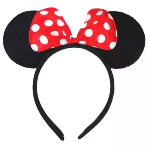 Diadema negra de Minnie Mouse con orejas de tela suave y lazo rojo central con puntos blancos, ideal para disfraces infantiles en fiestas y eventos.