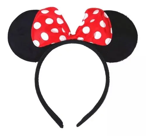 Diadema negra de Minnie Mouse con orejas de tela suave y lazo rojo central con puntos blancos, ideal para disfraces infantiles en fiestas y eventos.