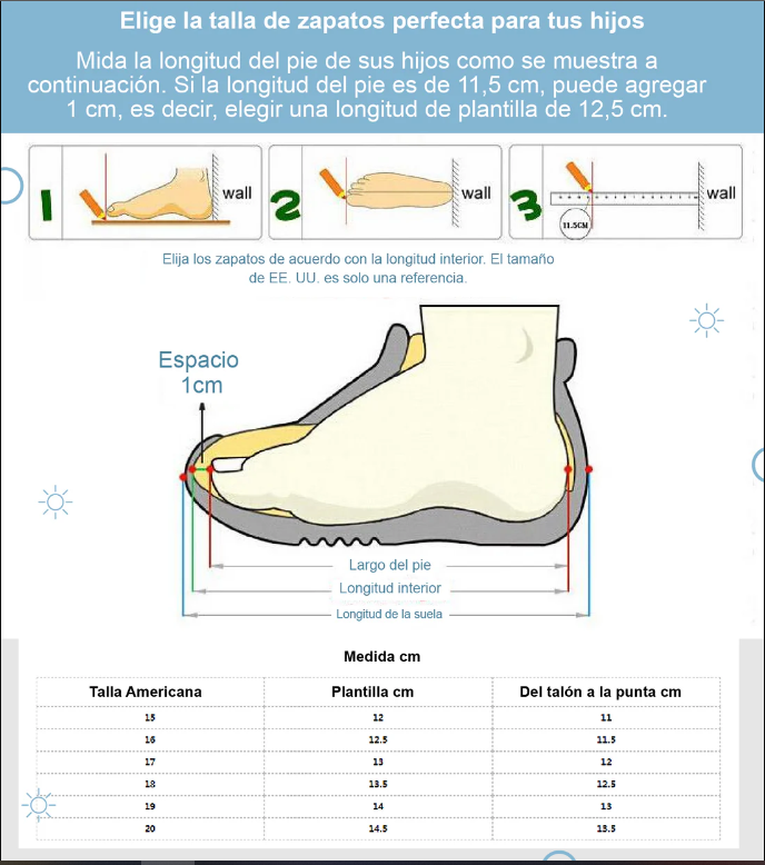 Guía de tallas para zapatos infantiles que ilustra cómo medir el pie y una tabla de medidas en centímetros desde la talla 15 hasta la 20.