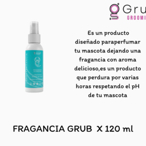 Francia en spray para perro Grub de 120 ml, envase blanco con etiqueta turquesa, diseño para perfumar y respetar el pH de la mascota.