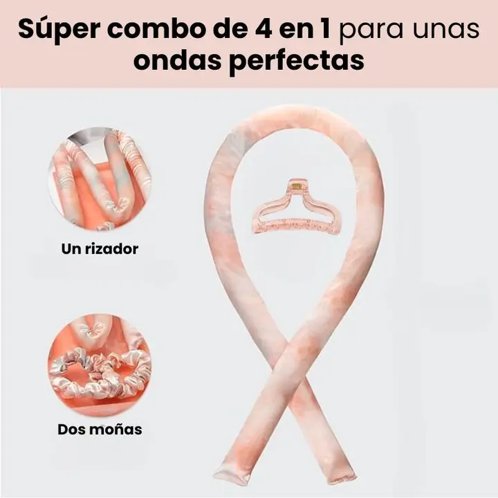 Kit de rizador de pelo sin calor con patrón mármol rosado: incluye una banda larga, un gancho y dos scrunchies para lograr ondas naturales.