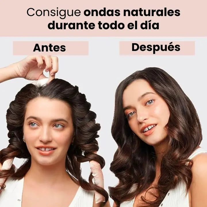 Comparativa de antes y después con rizador de pelo sin calor: cabello con rodillos blancos y resultado con ondas naturales definidas.