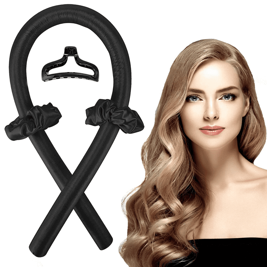 Rizador de pelo sin calor negro con clip y ligas de satín, junto a modelo con cabello rubio ondulado para mostrar el resultado.