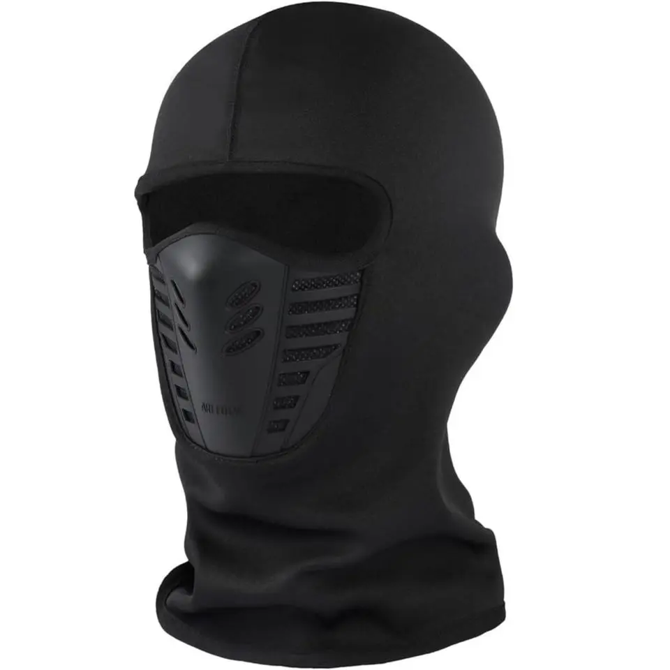 Pasamontaña térmico negro para moto con máscara acolchada y rejillas de ventilación frontal para protección contra el frío.