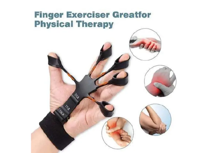 Entrenador de dedos negro con resistencia de 13, 17 y 25 libras, correa de muñeca y círculos que muestran su uso en terapia física.
