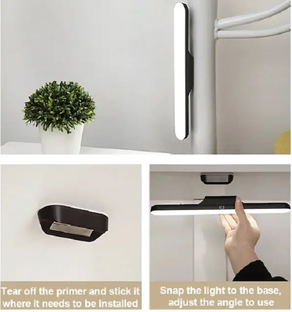Lámpara LED portátil recargable en color negro, montada en la pared y base adhesiva magnética para ajustar ángulo.