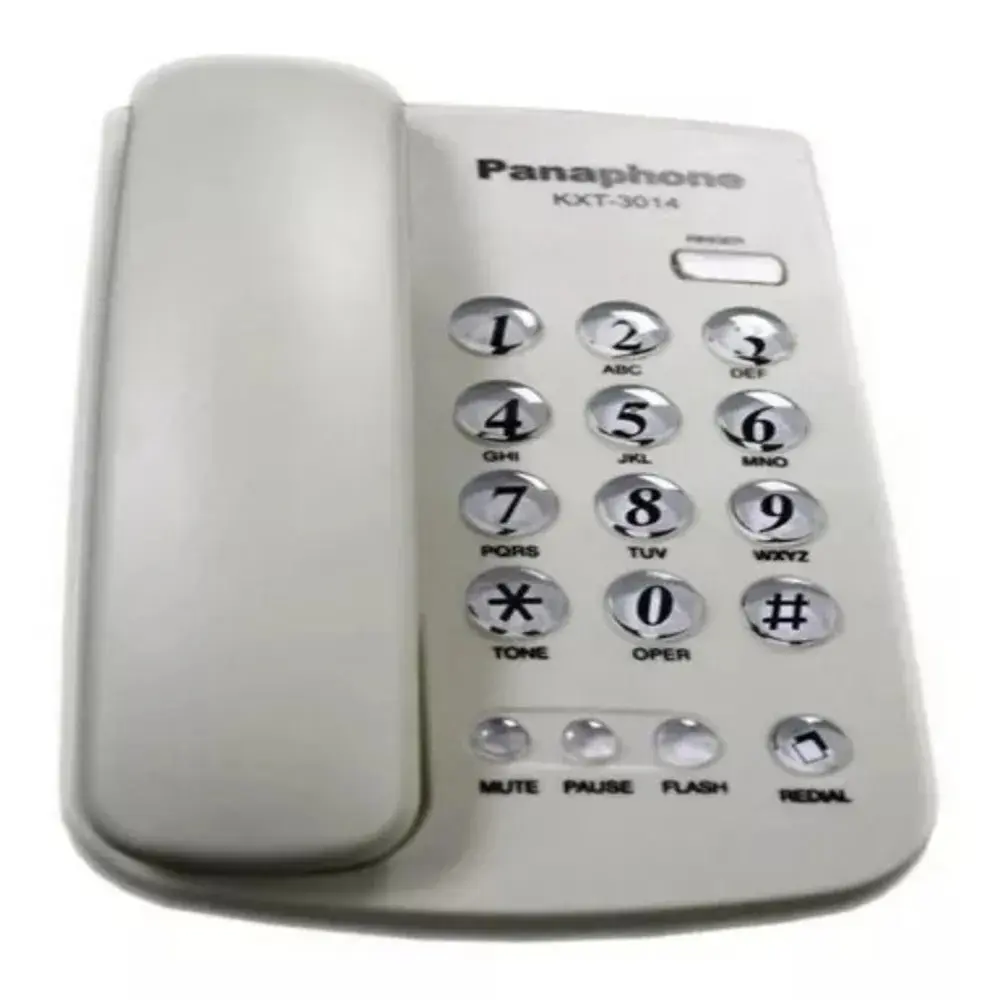 Teléfono fijo Panaphone KXT-3014 blanco de sobremesa, con auricular vertical, teclado numérico de botones grandes y funciones Mute, Pause, Flash y Redial.