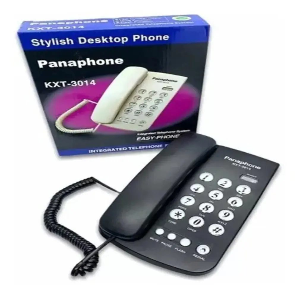 Teléfono fijo Panaphone KXT-3014 negro con botones grandes y cable en espiral, junto a su caja que muestra el modelo en color blanco.