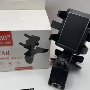 Soporte negro de pinza para celular de auto con base ajustable y caja blanca con impresión roja y diseño del producto.