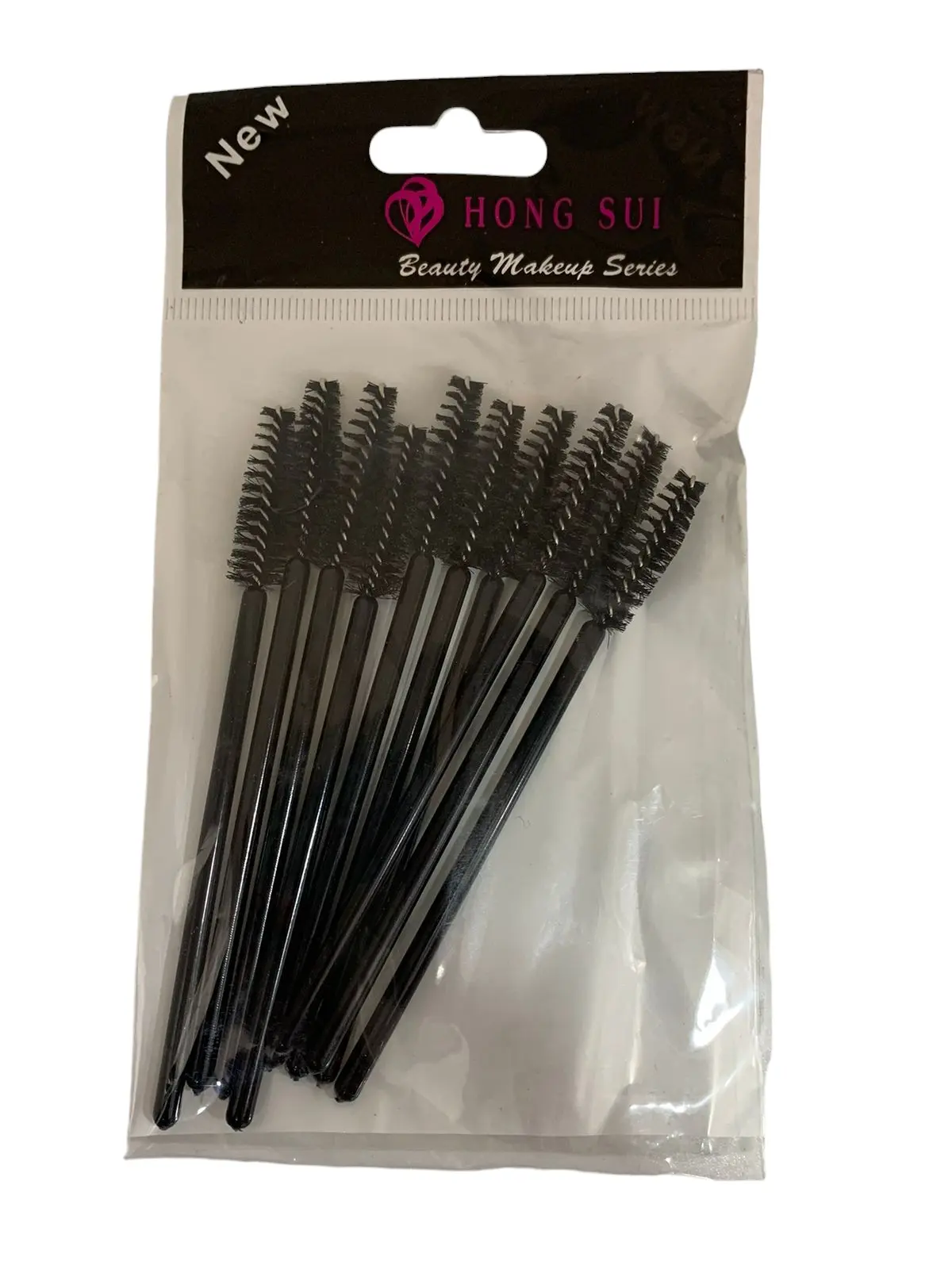Empaque transparente con set de cepillos profesionales negros para pestañas con cabezal flexible y cerdas finas ordenadas.