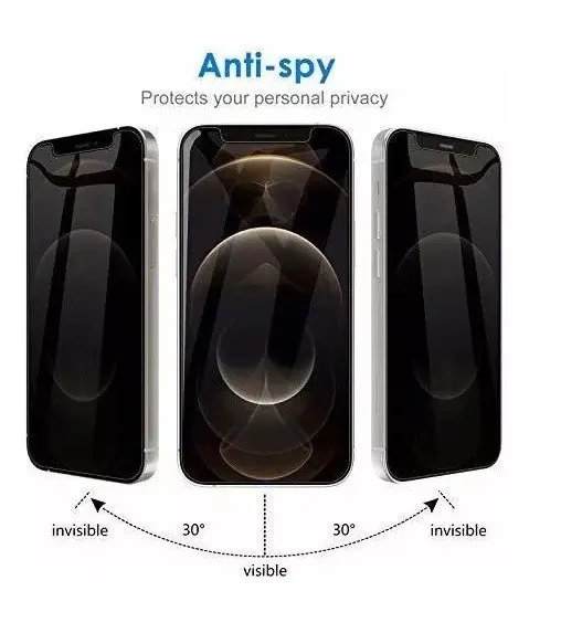 Protector de pantalla en vidrio templado antiespía para smartphone que bloquea la visibilidad lateral más allá de 30 grados para proteger la privacidad.