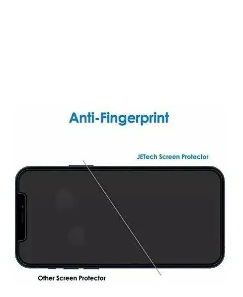 Protector de pantalla para smartphone dividido diagonalmente: el lado JETech muestra una superficie limpia frente al lado con huellas de otro protector.