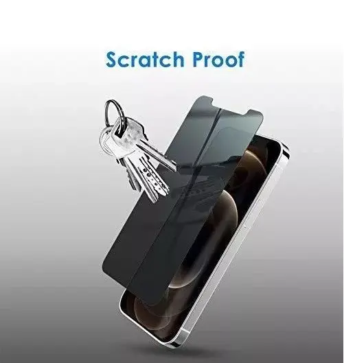 Protector de pantalla de vidrio templado antiespía para smartphone, resistente a rayones por llaves, con acabado oscuro para privacidad lateral.