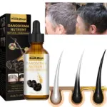 Serum capilar South Moon con extracto de ganoderma en frasco de 30 ml, junto a su caja y explicativo sobre el oscurecimiento natural del cabello.