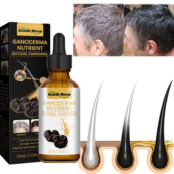 Serum capilar South Moon con extracto de ganoderma en frasco de 30 ml, junto a su caja y explicativo sobre el oscurecimiento natural del cabello.