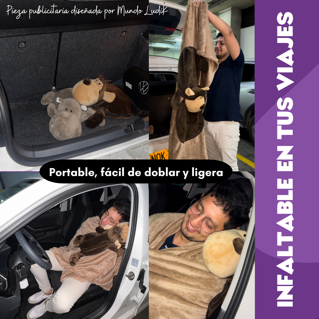 Manta de viaje suave color marrón con peluche de animal integrado, enrollable y portátil para descansar en el carro.
