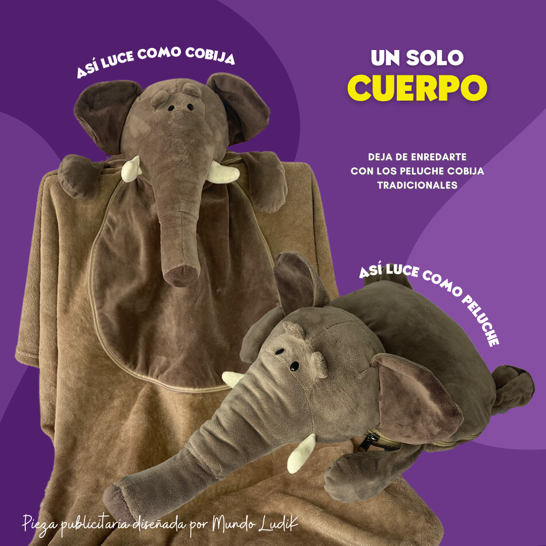 Cobija de elefante marrón en peluche suave con diseño transformable en animal de peluche sobre fondo morado.