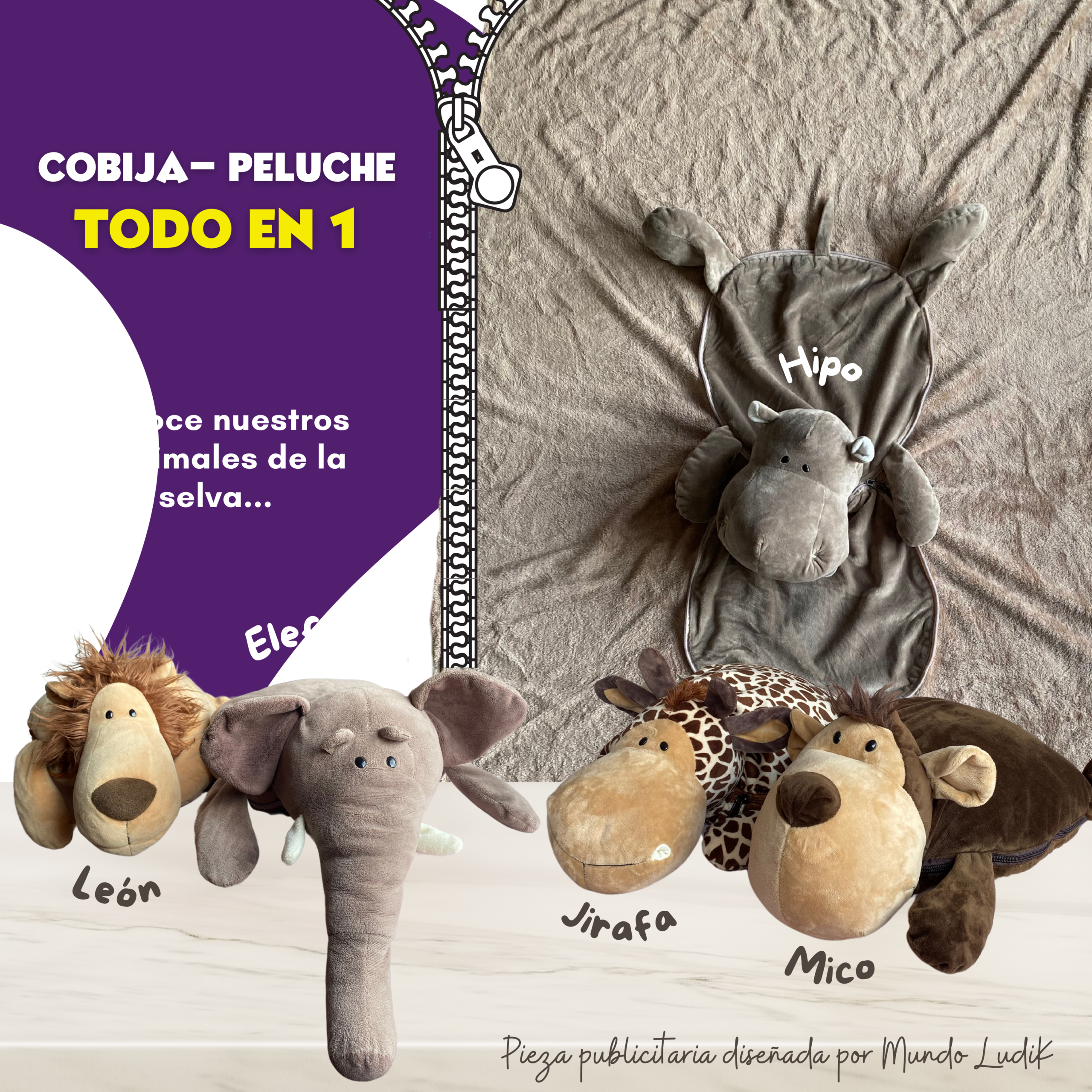Cobija de peluche gris 2 en 1 con diseño de hipopótamo desplegable y 4 animales más: león, elefante, jirafa y mico.