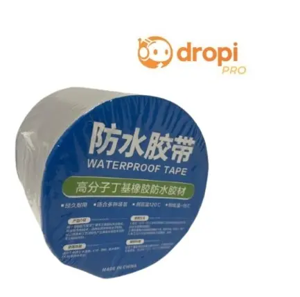 Rollo de cinta impermeable de caucho butílico con etiqueta azul, ideal para sellar goteras y reparar filtraciones de agua.