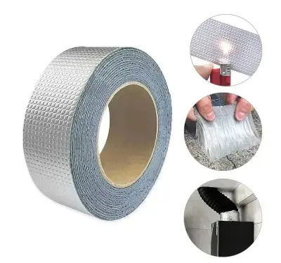 Cinta impermeable adhesiva plateada con textura de diamante. Muestra su resistencia al calor, flexibilidad y uso para sellar filtraciones.
