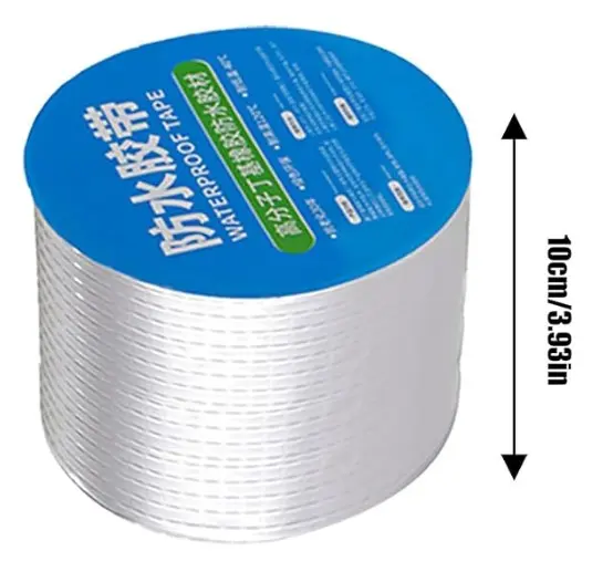 Rollo de cinta impermeable adhesiva plateada con etiqueta azul, con una altura de 10 cm.