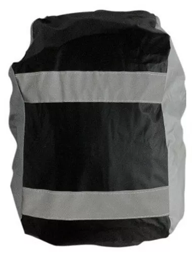 Funda impermeable negra para morral con dos bandas reflectivas horizontales grises y laterales en tono gris claro.