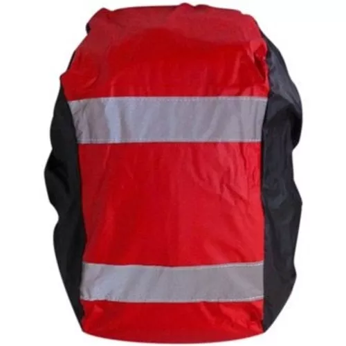 Funda impermeable roja para morral con dos bandas reflectivas horizontales grises y laterales negros para lluvia.