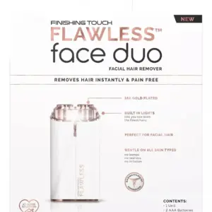 Empaque de depilador facial eléctrico Flawless Face Duo blanco con cabezal chapado en oro, luz integrada y accesorios incluidos: unidad, baterías y cepillo.