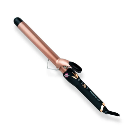 Pinza rizadora de cerámica con barril color oro rosa y mango negro con detalles dorados, vista en ángulo diagonal sobre fondo blanco.