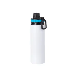 Botella termo blanca de aluminio de 600 ml con tapa negra, anillo azul texturizado y soporte integrado para celular.