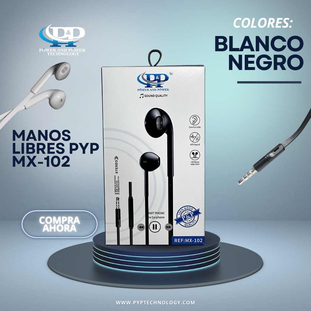 Manos libres alámbricos MX-102 en caja con estuche negro, conector jack de 3.5 mm y controles integrados, disponibles en color blanco y negro.