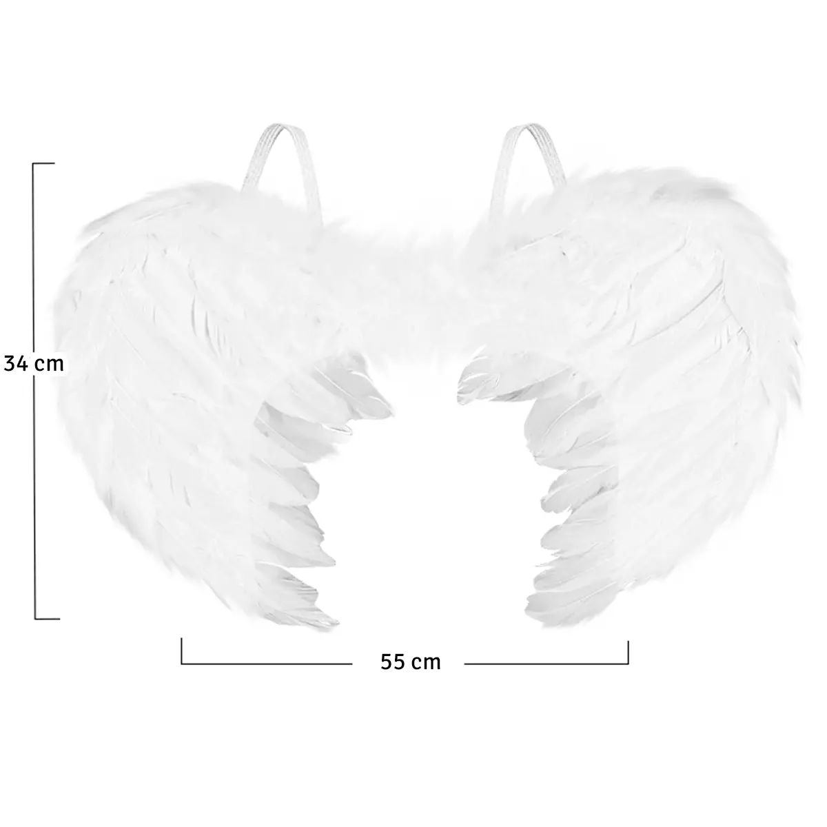 Alas de ángel blancas en plumas sintéticas de 55x34 cm con tirantes elásticos y diseño detallado.