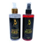 Set de barbería con gel de afeitar transparente y body splash rojo, ambos de 240ml con etiquetas negras y detalles dorados.