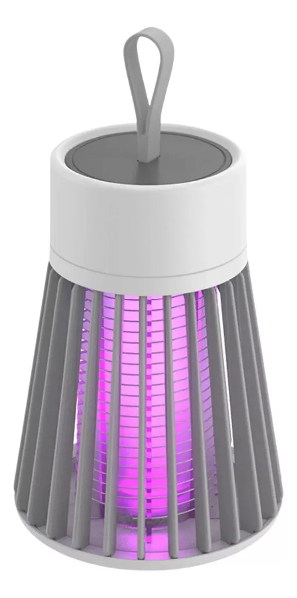Lámpara antimosquitos LED UV portátil con luz violeta, rejilla protectora gris y asa superior de silicona para colgar.
