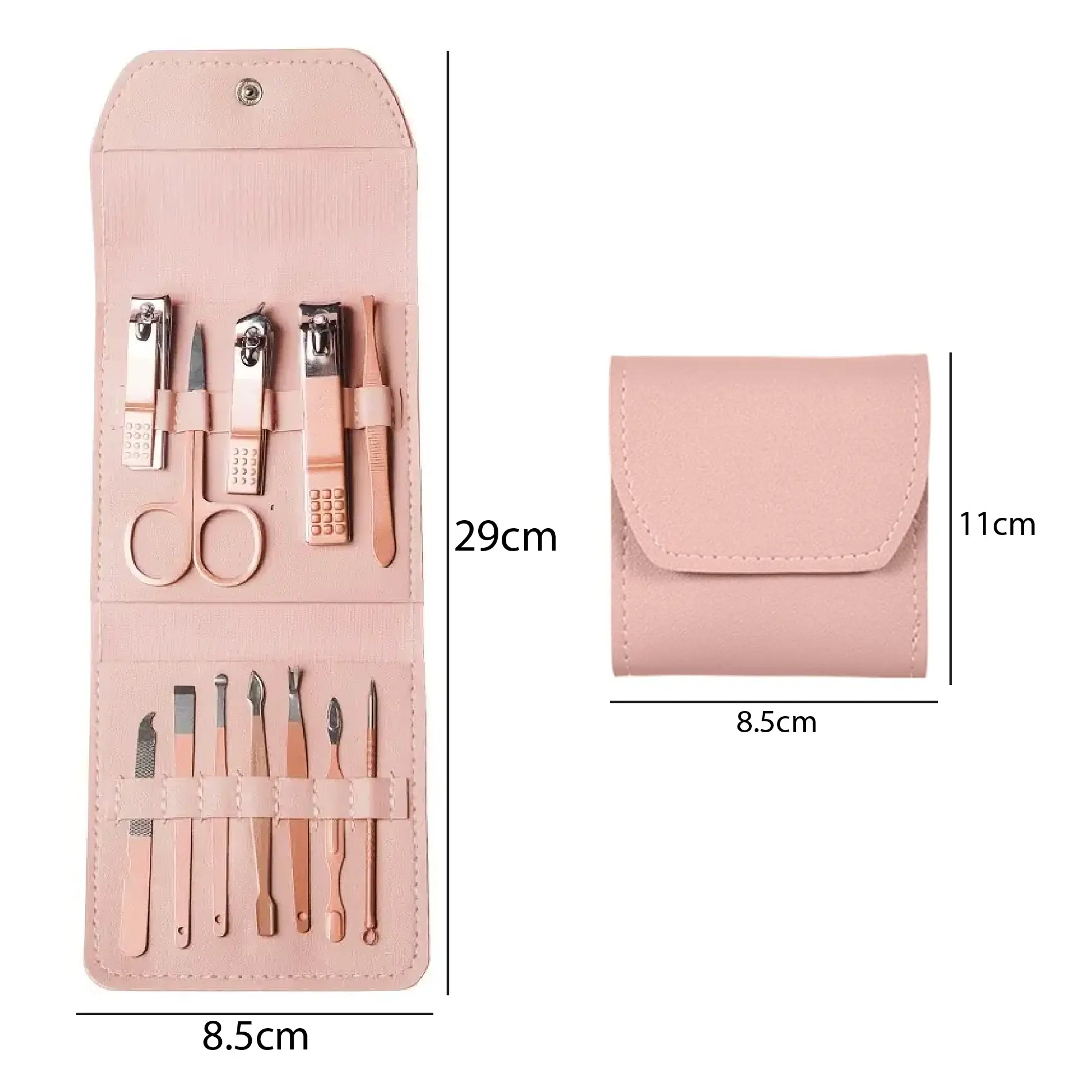 Set x2 de manicura y pedicura de 12 piezas en estuche viajero de cuero rosa de 29x8.5 cm abierto y 11x8.5 cm cerrado con herramientas metálicas.
