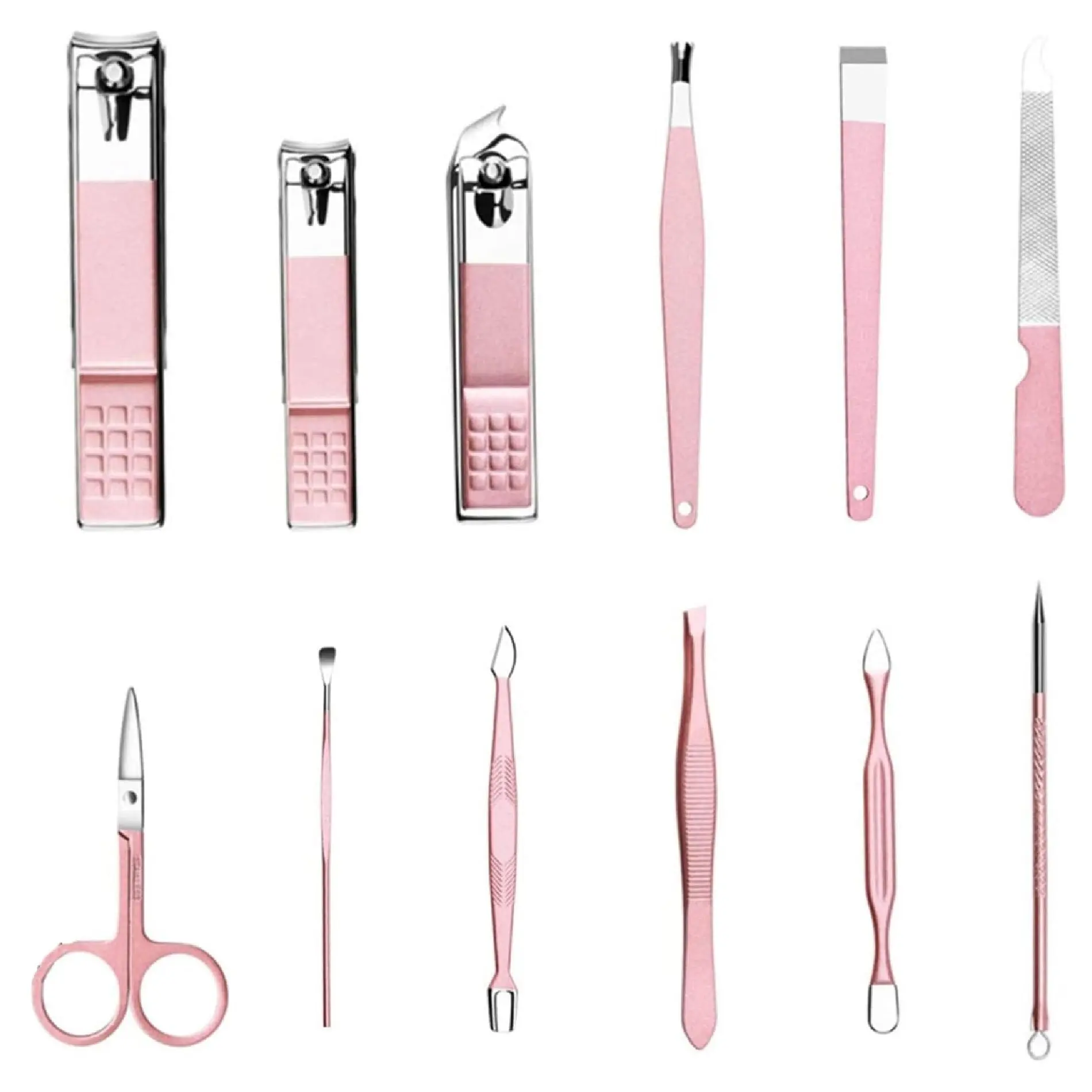 Kit de manicura y pedicura de 12 piezas en tono rosado con acabado metálico, incluye cortaúñas, tijeras, pinzas y limas organizadas.