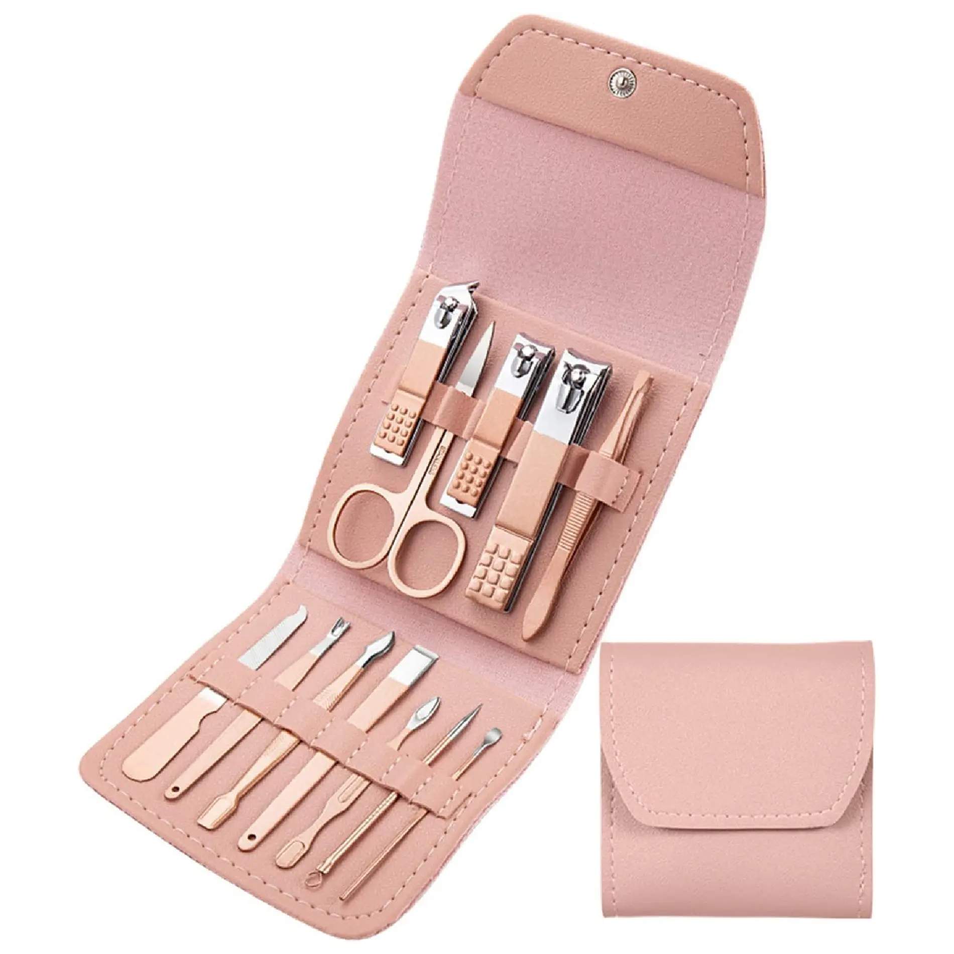 Kit de manicura y pedicura de 12 piezas en estuche viajero rosa pastel, mostrando herramientas ordenadas y el estuche cerrado.