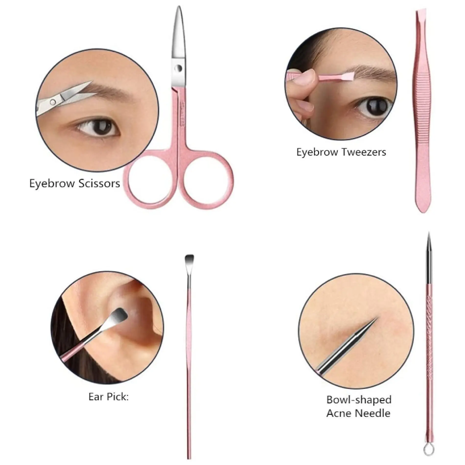 Kit rosado de aseo personal de 4 piezas con tijeras, pinzas, pincho para oídos y aguja para acné, con imágenes de uso.
