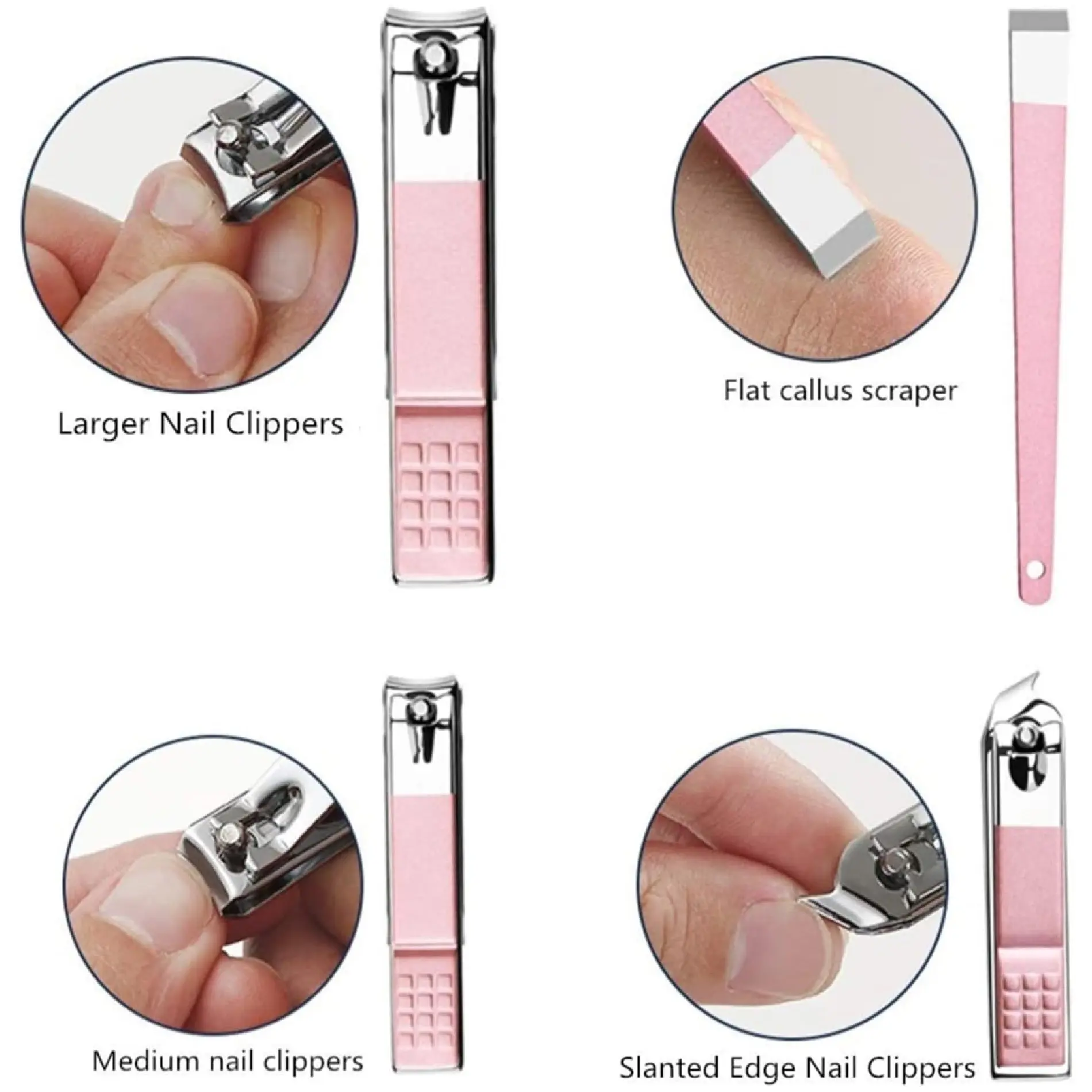 Set de manicura y pedicura rosa con cortauñas grandes y medianos, cortauñas de borde sesgado y raspador de callos plano.