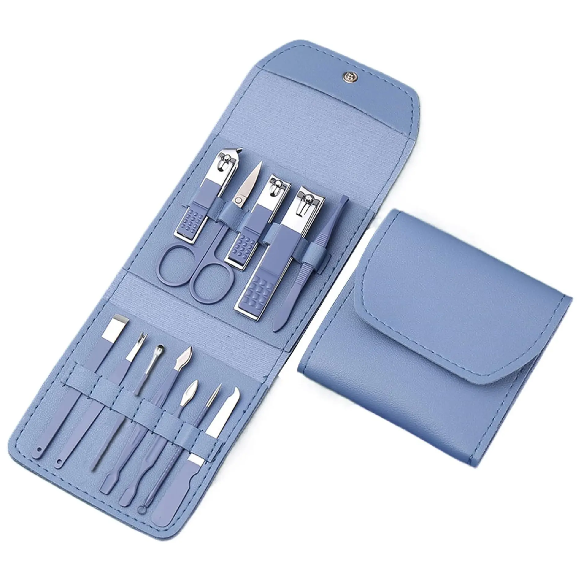 Kit de manicura de doce piezas en estuche azul claro, con cortaúñas, tijeras y herramientas organizadas, ideal para viaje.