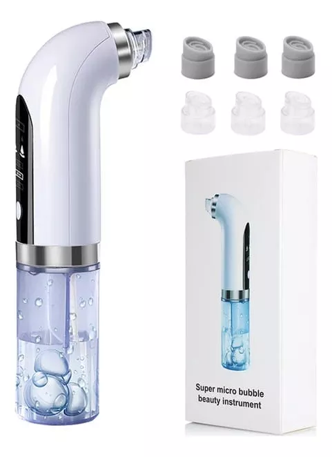 Extractor de puntos negros con agua, color blanco, con recipiente inferior transparente y seis boquillas intercambiables junto a su caja.